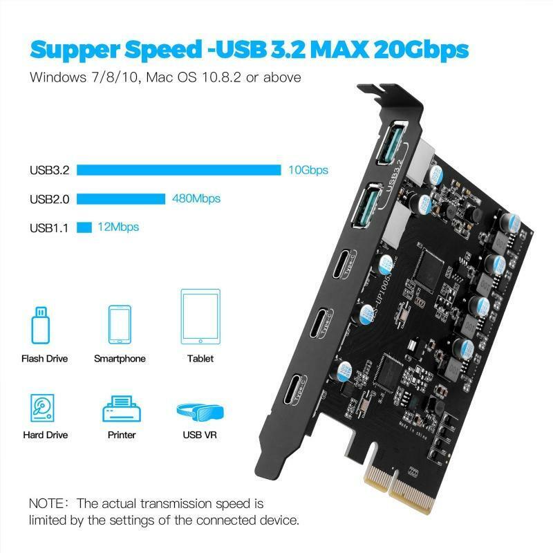 5 Ports USB 3.2 PCI Express Adapter Card Type C PCI-E Expansion PCIE USB 3.2 HUB