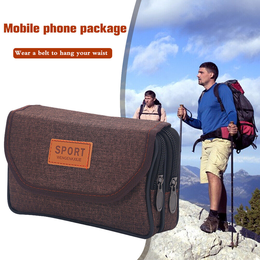 Men Oxford Cloth Phone Bags Double-layer Zipper Fanny Packs (A Brown)