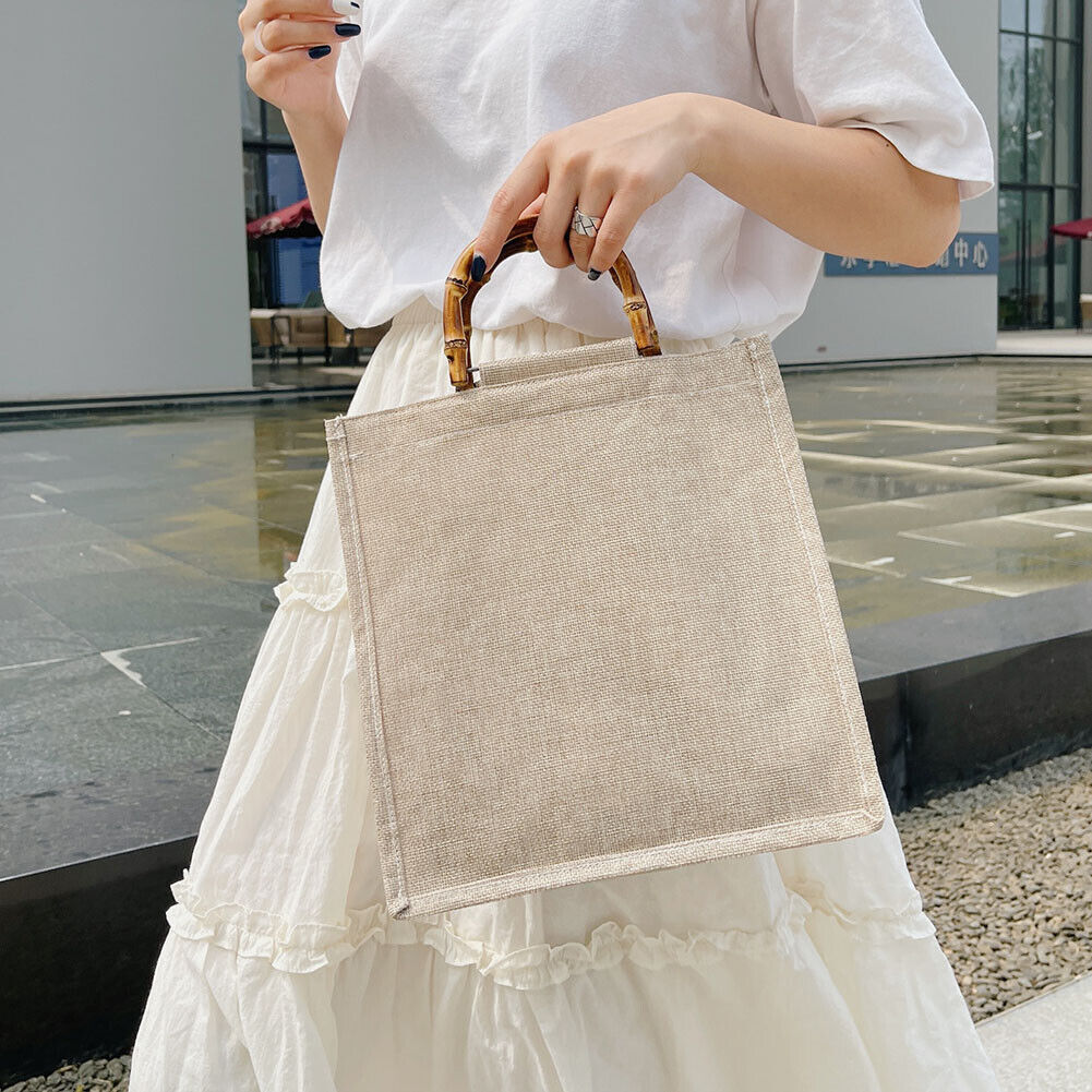 Women Bamboo Linen Shopping Tote Bags Casual Ladies Solid Large Handbag (B)