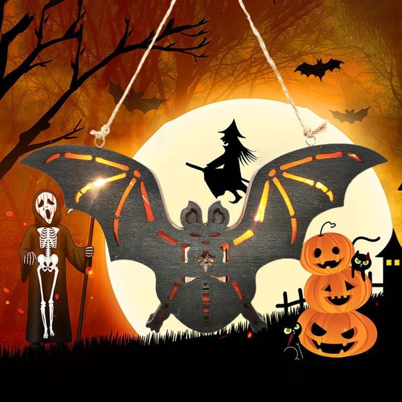 Luminous Bat Wood Hanging Ornament Harvest Festival Halloween Porch Party Decor