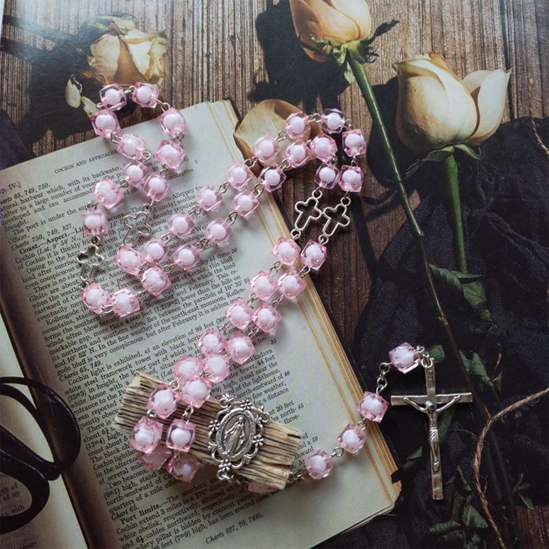 Pink Square Necklace Alloy Long Bead Chain Pendant Yoga Studio Decoration Gift