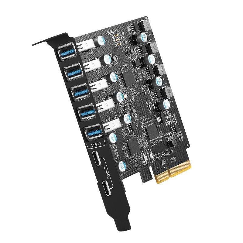 7-Port  10Gb Usb 3.2 Pcie Rise PCI-E to 5 Type-A 2 Type C Expansion Adapter Card