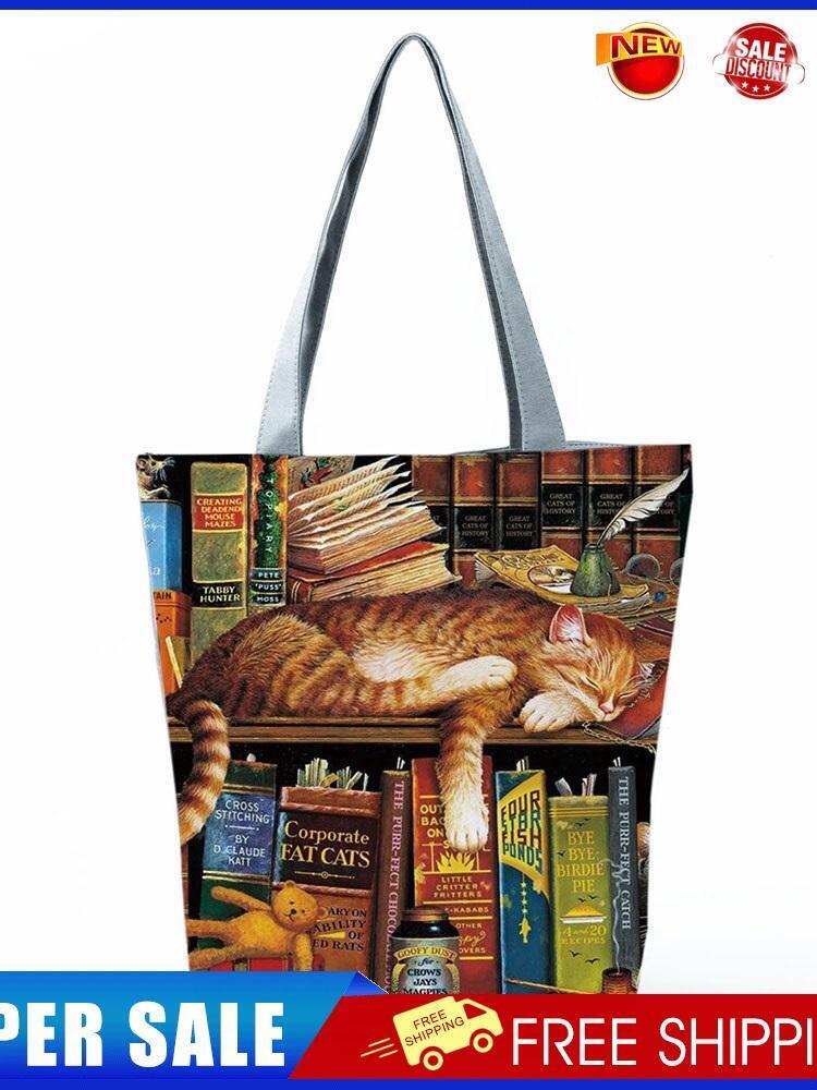 Cat and book Printed large-capacity one-shoulder handbag