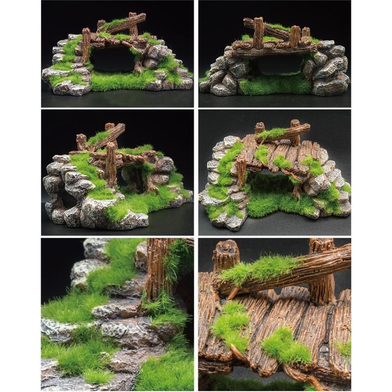 Aquarium Decor Wood Bridge Fish Tank Betta Shelter with Rocks for Aquatic Pet