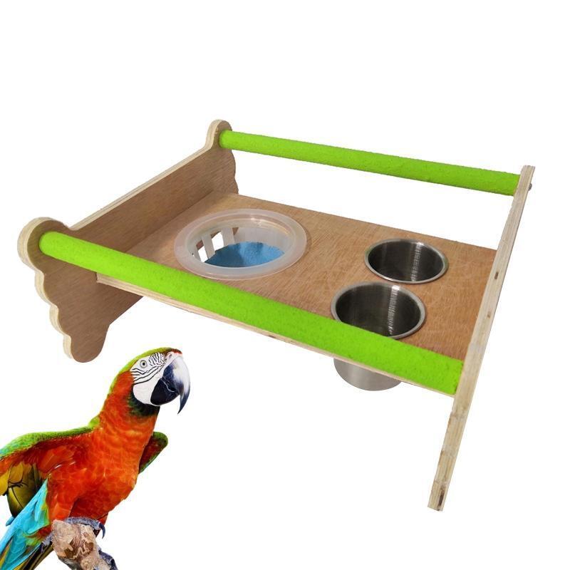 Bird Perch Table Stand Wood Playground with Feeding Cups for Parakeet Cockatiel