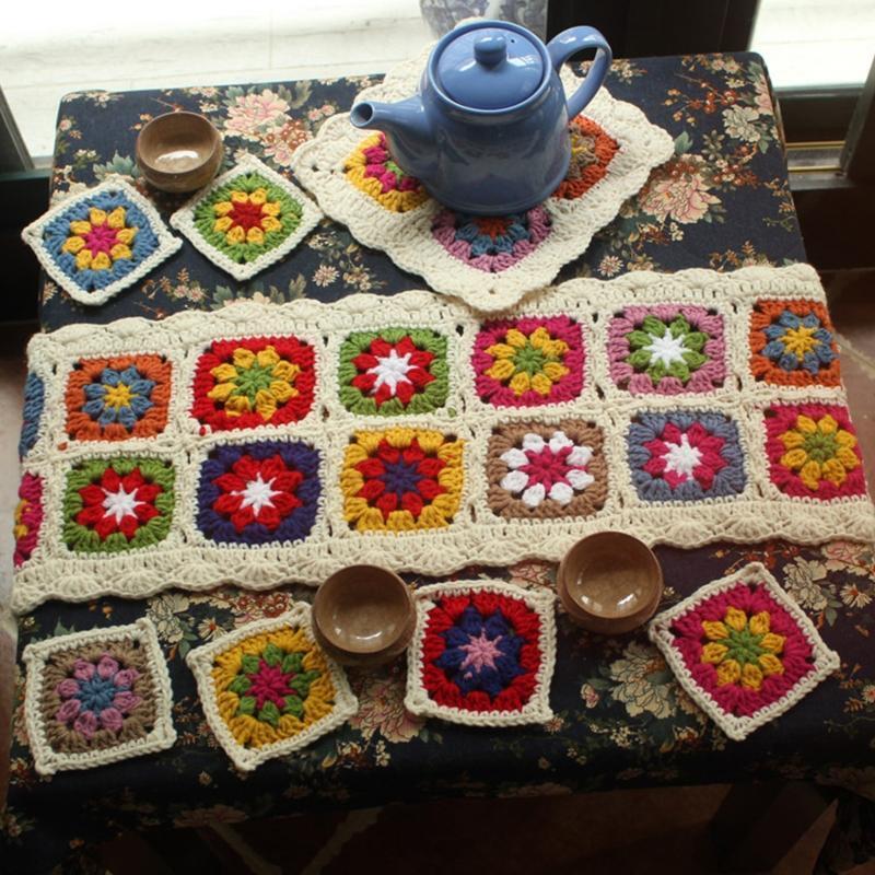 Handmade Crochet Wool Table Runner Teapot Cushion Pad Coaster Set of 8