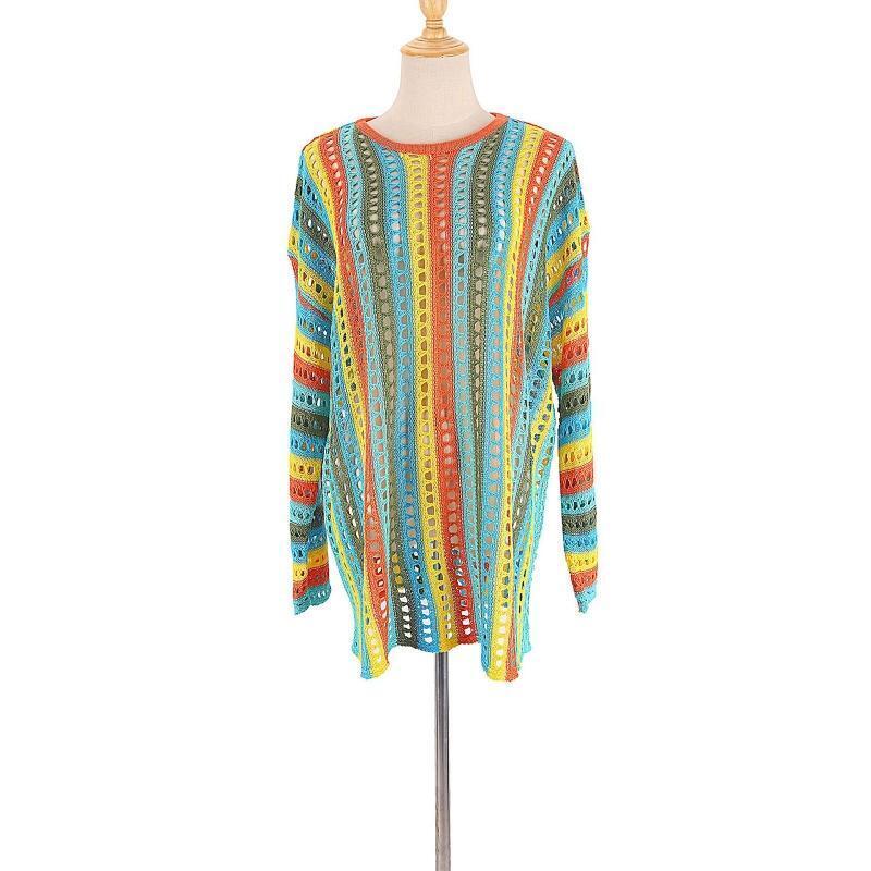Women Beach Long Sleeve Bikini Cover Up Hollow Crochet Rainbow Stripe Mini Dress