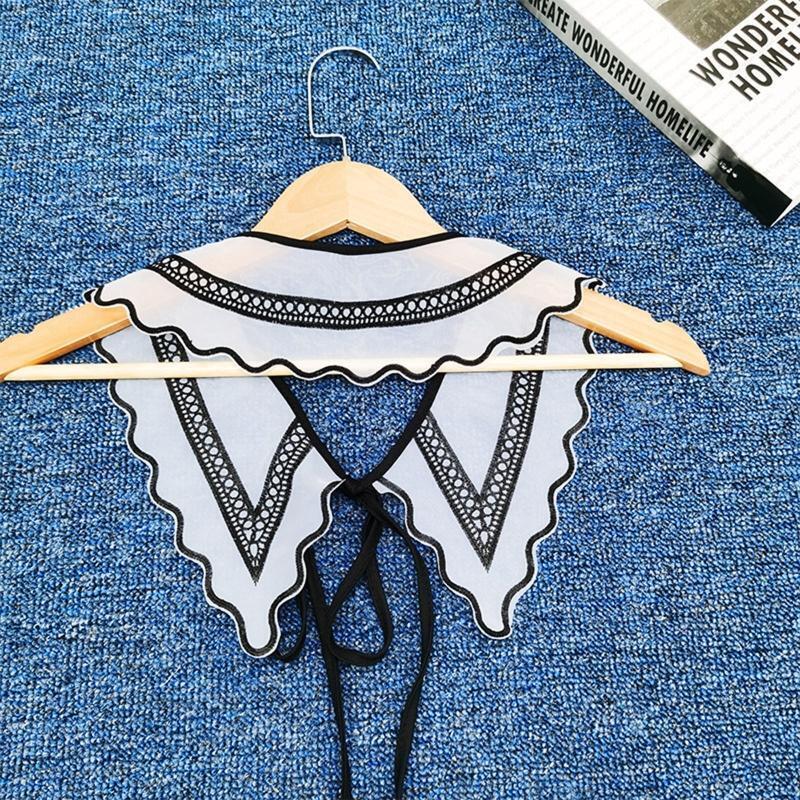 Women Black White Organza Faux Collar Shawl Embroidery Geometric Wavy Scarf Cape