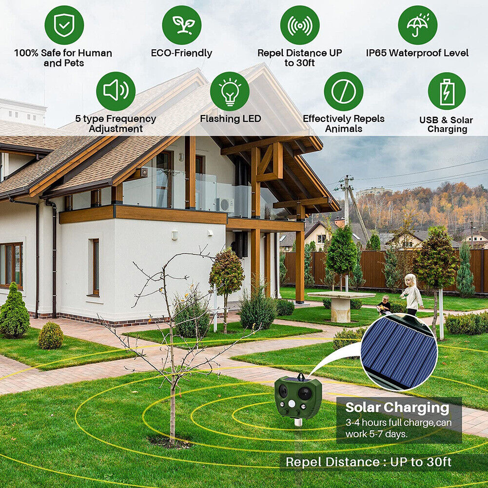 Solar Animal Repeller Ultrasonic Motion Sensor Bird Deer Raccoon Deterrent