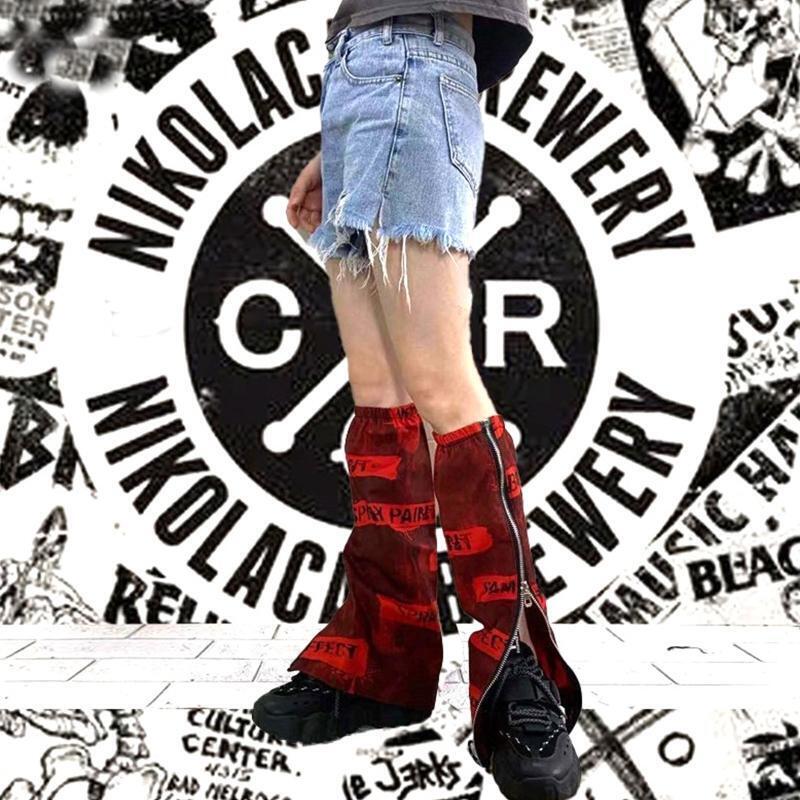 Harajuku Women Red Flared Leg Warmers Punk Letters Side Zipper Foot Cover Socks