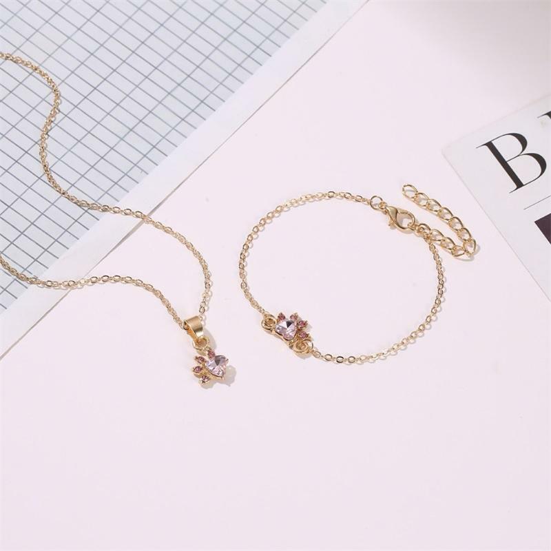 Fashion Finger Ring Pink Crystals Cat Paw Pendant Necklace Earrings Bracelet Ins