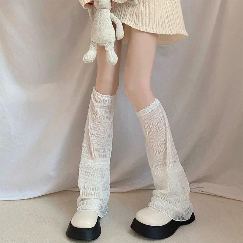 Women Lolita Summer Thin Leg Warmers Pleated Wavy Striped Baggy Foot Cover Socks