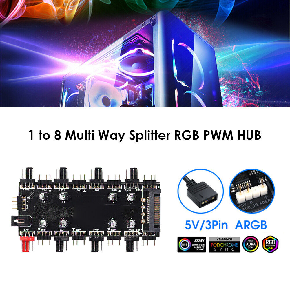 5V/3 Pin ARGB Fan PWM HUB 1 To 8 Ports Splitter for PC Motherboard (SATA)