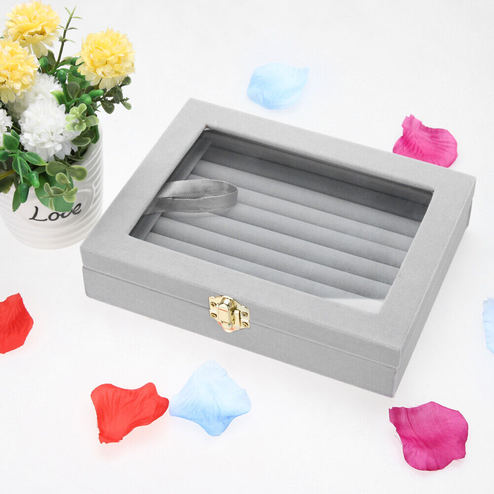 Velvet Glass Jewelry Ring Display Box Tray Holder Storage Box Organizer