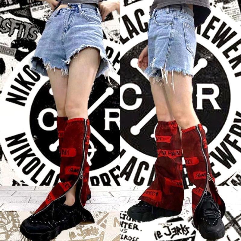 Harajuku Women Red Flared Leg Warmers Punk Letters Side Zipper Foot Cover Socks