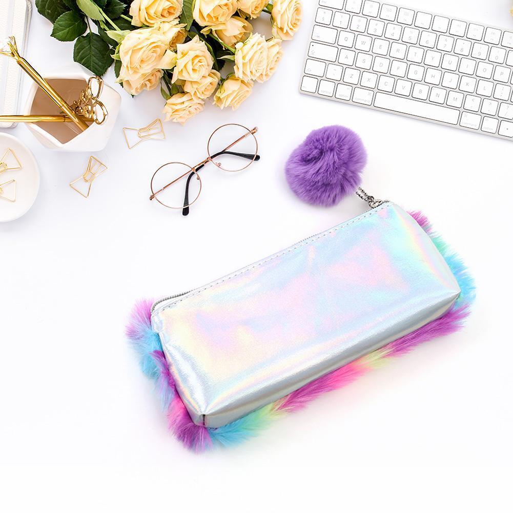 Women Plush Leather Pen Bags Storage Cosmetics Case School Pencil Bag (1)