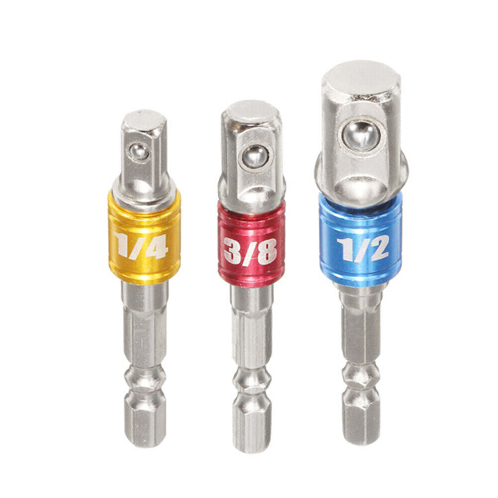 3pcs Socket Adapter 1/4 3/8 1/2 inch Nut Driver Socket Impact Hex Shank Bar