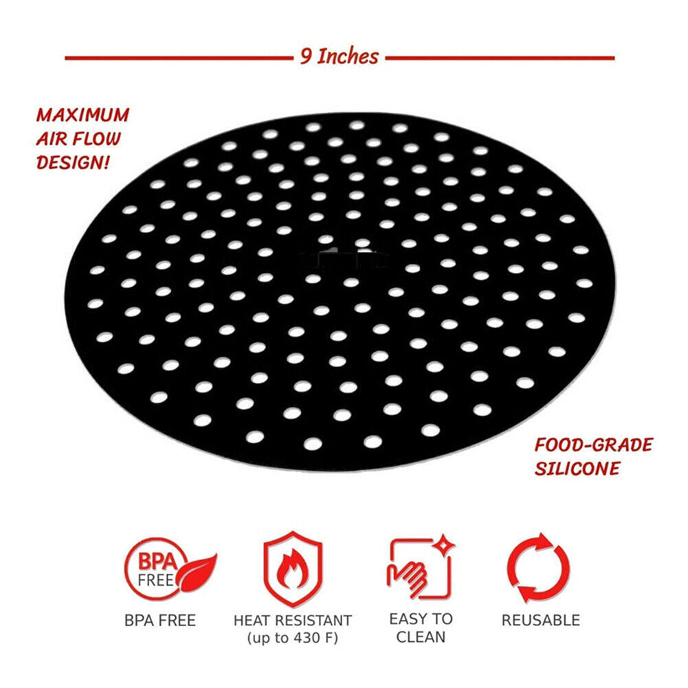 Air Fryer Liner Pad Silicone Baking Anti Slip Steamers Mats (Black 9in)