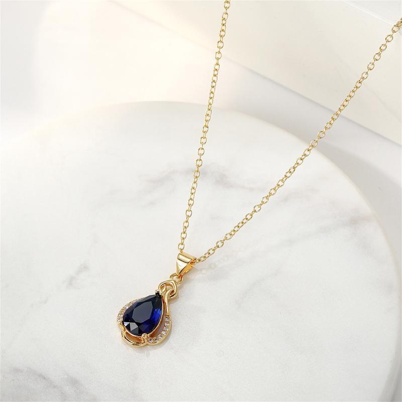 Blue Diamond Pendant Necklace Teardrop Shape Zircon Clavicle Chain Necklace Gift