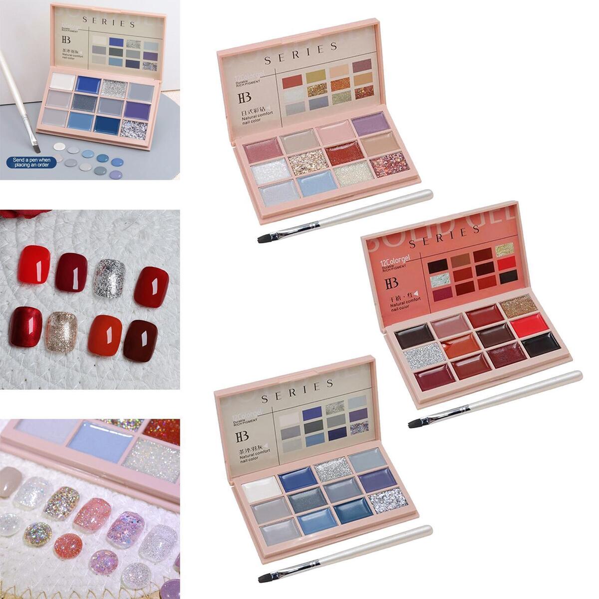 3 Pieces Solid Gel Nail Polish Palette Kit Glitters Design Salon Nail Glue