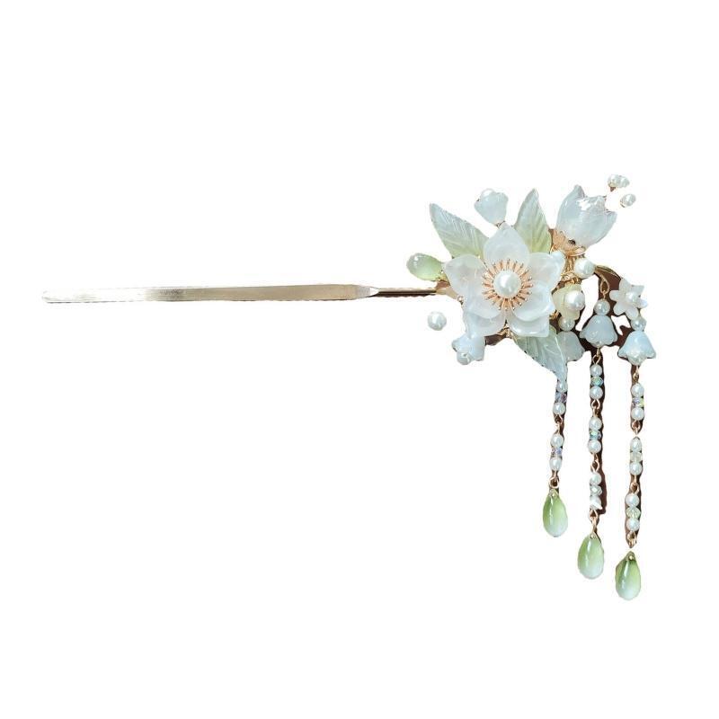 Elegant Chinese Hairpin U Shape Hair Fork Glazed Flower Clip with Tassel Women