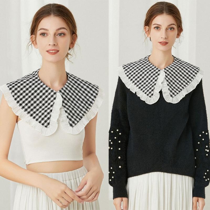 Women Black White Plaid False Collar Shawl Student Ruffles Necklace Mini Capelet