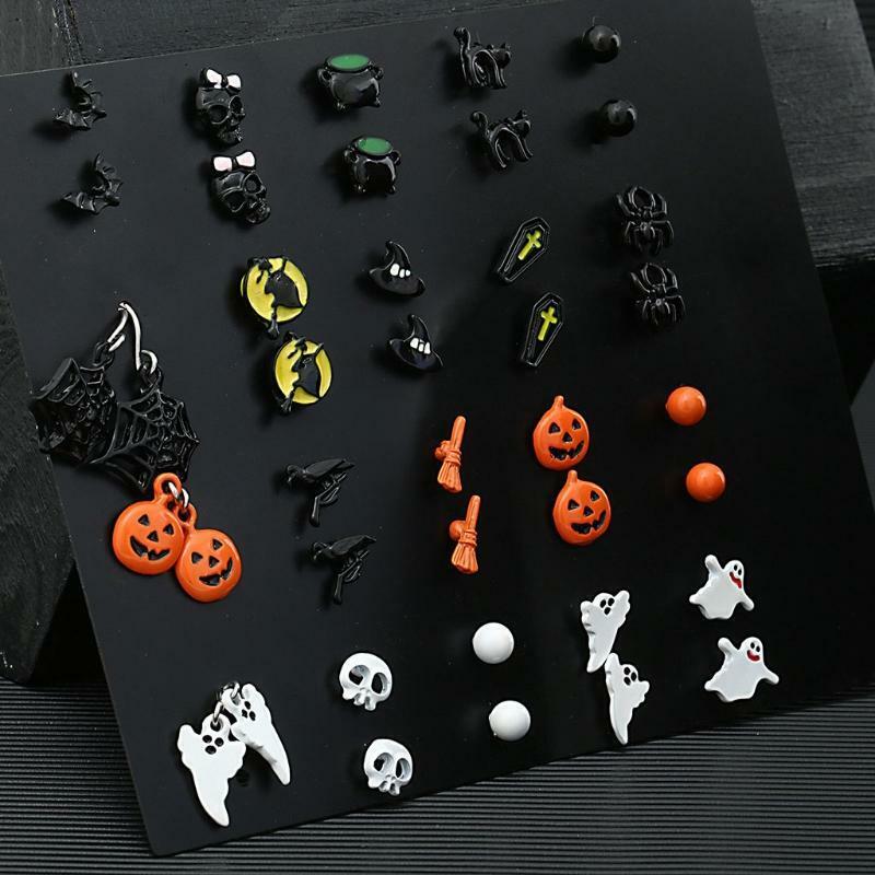 Christmas Halloween Stud Earring Set Women Bat Pumpkin Lamp Spider Web Earrings