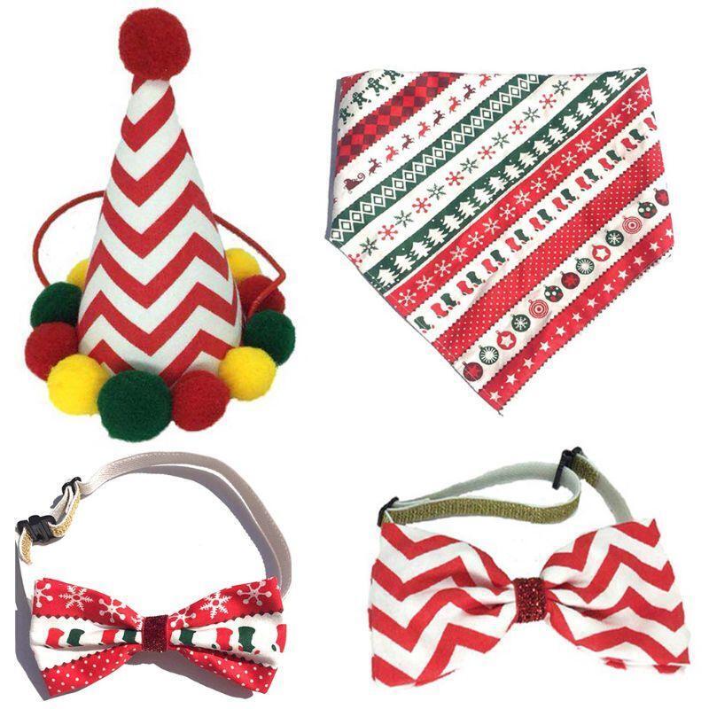 4Pcs Christmas Dog Hat Bowtie Saliva Towel Set Pet Puppy Party Holiday Costume