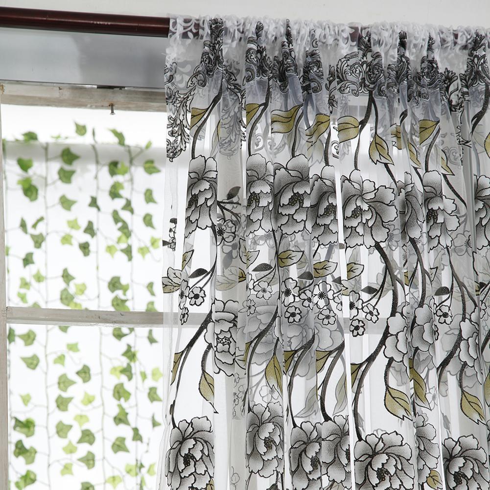 2PCS Peony Curtain Living Room Bedroom Home Door Window Curtain (Grey)