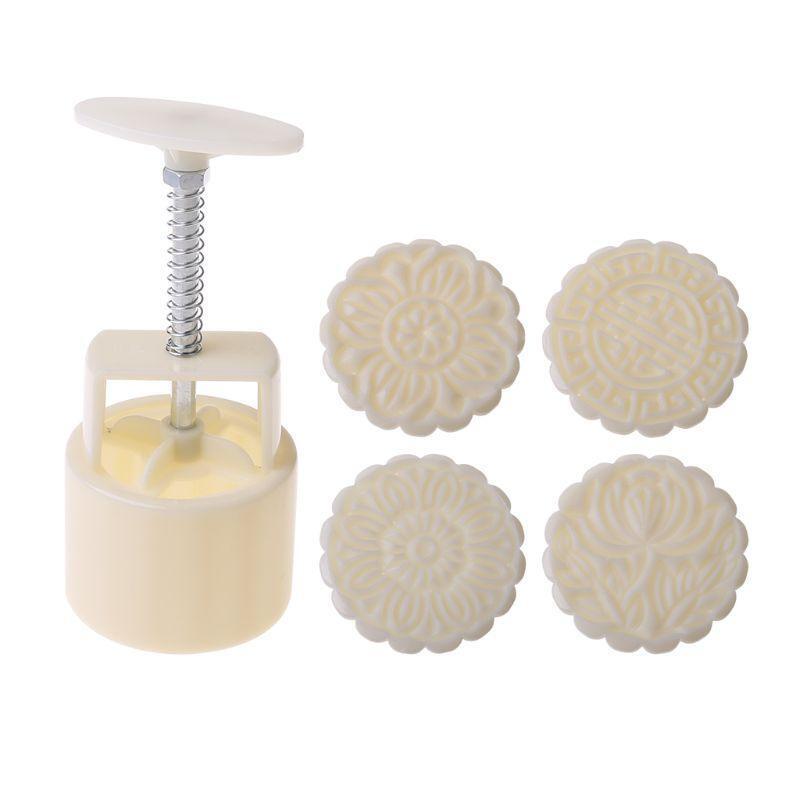 100g Mooncake Mold 4 Flowers Stamps Round Barrel Hand Press Moon Cake Pastry DIY