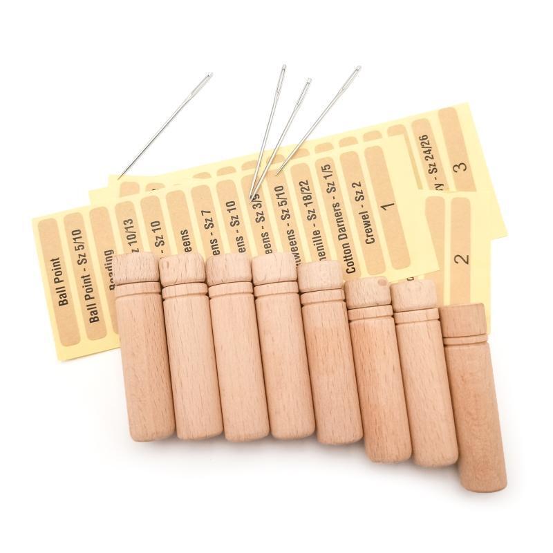 8Pcs Sewing Needle Storage Tubes Wood Lid with Labels Wooden Storage Case 2.36In