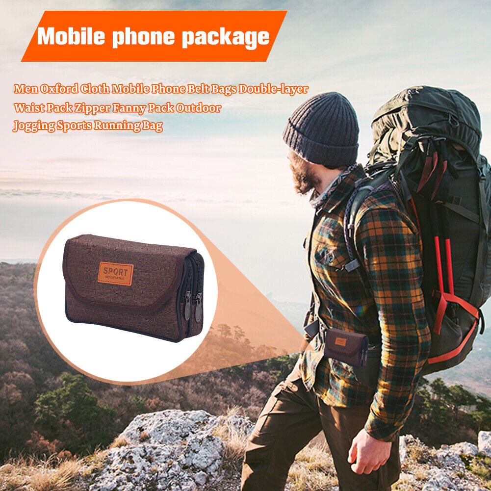 Men Oxford Cloth Phone Bags Double-layer Zipper Fanny Packs (A Brown)