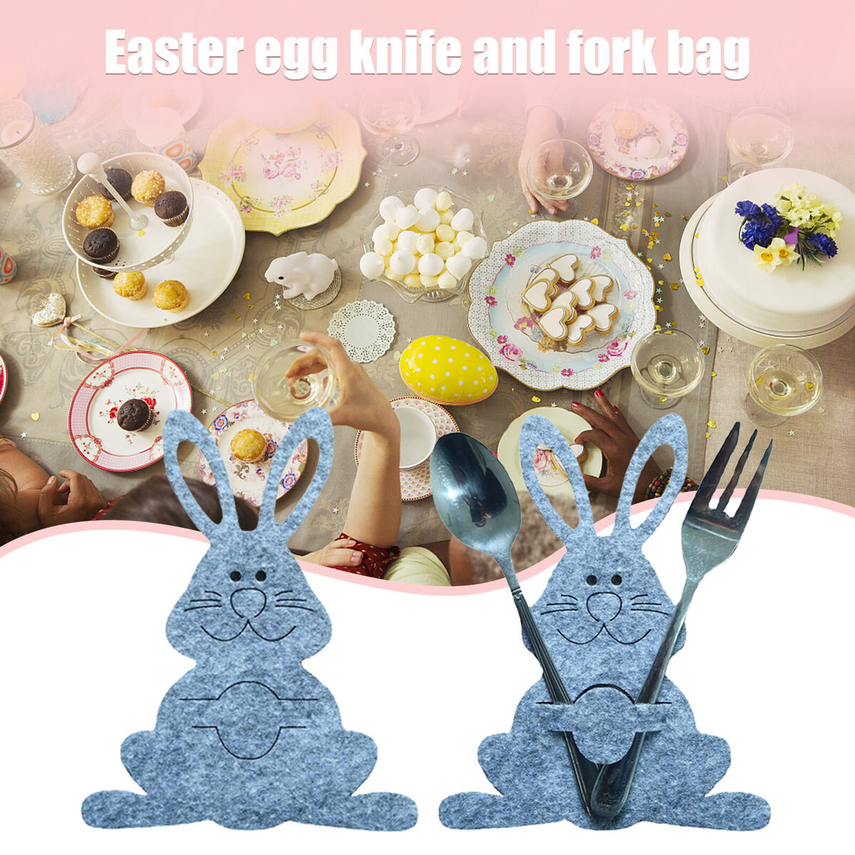 Cutlery Bag - Easter Bunny Dinner Table Decor Supplies 4 Pieces (Grey)