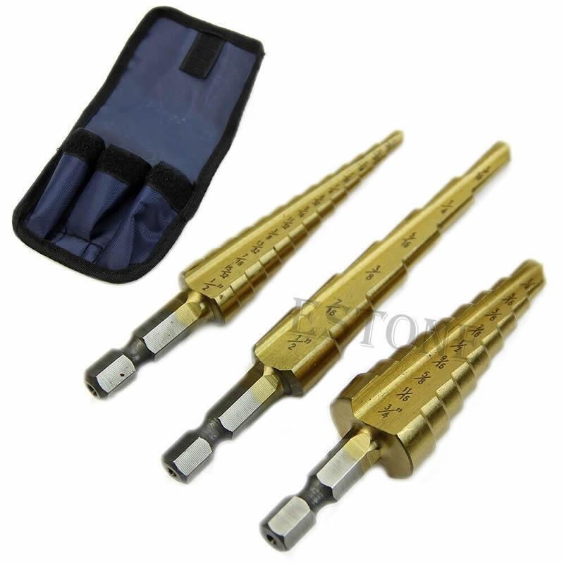 Portable 3Pcs Steel Titanium Coated Step Drill Bit Quick-change 1/4" Hex Shank