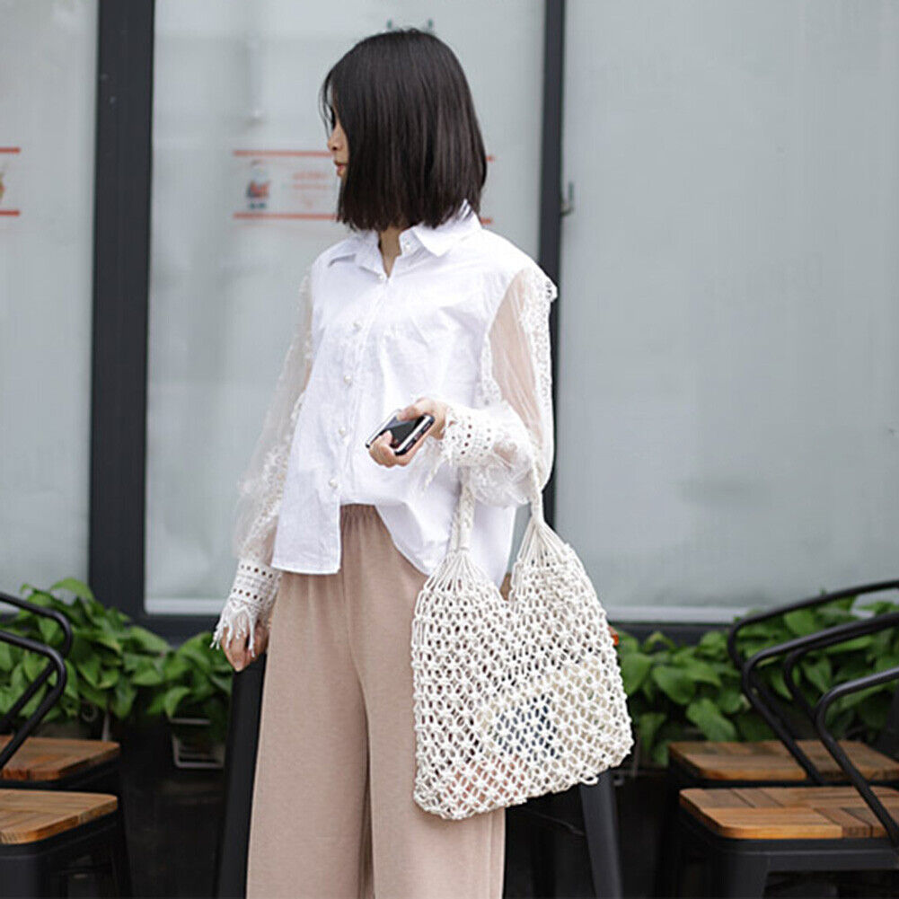 Womens Straw Hollow Beach Shoulder Bags Vacation Shopper Handbag (White)