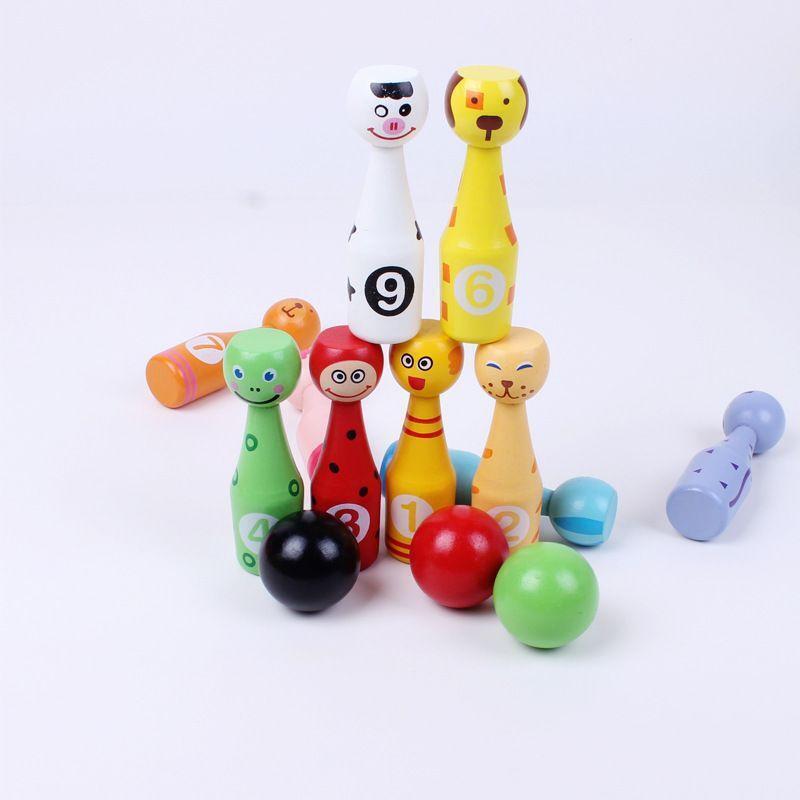 13pcs/set Wooden Bowling Set 10 Pins 3 Ball Animal Bowling Game for Children