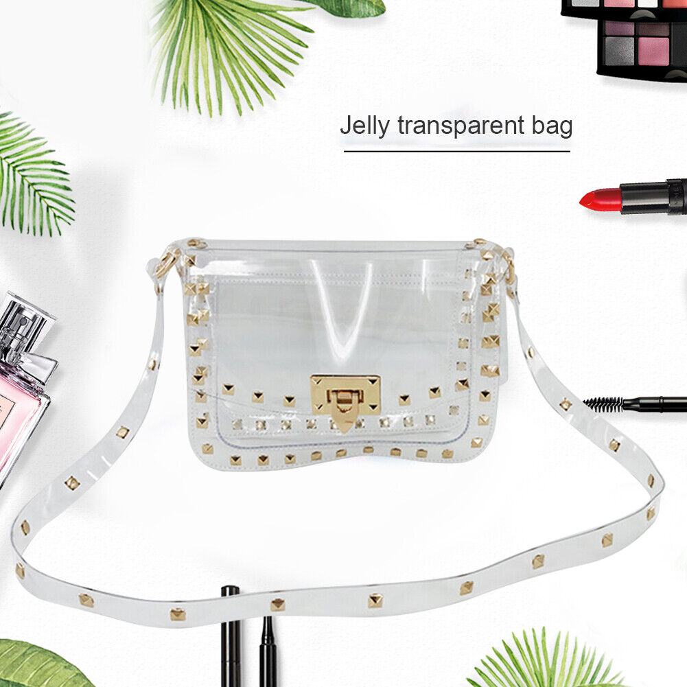 Women PVC Transparent Rivet Shoulder Bag Lady Casual Flap Crossbody Bag
