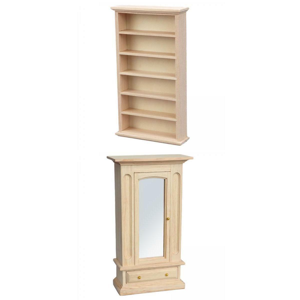 2- 1:12 Bookshelf Shelf Wardrobe Handmade Unpainted Wooden Furniture Set