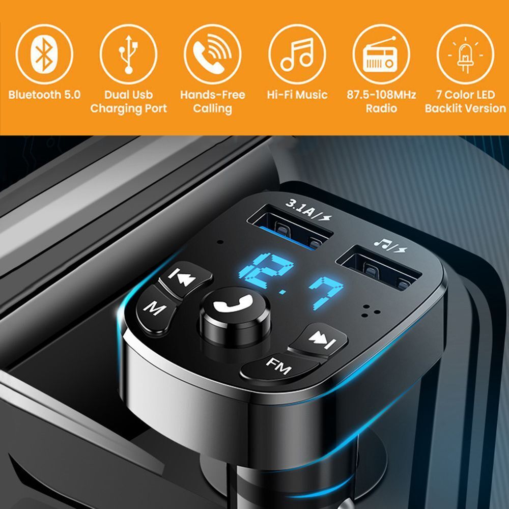 12/24V AUX 2USB Hands-Free 5.0 Car Wireless FM Transmitter Adapter PD Charger
