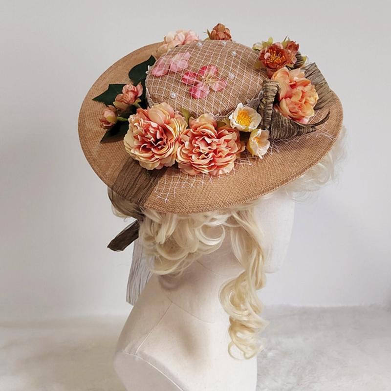 Summer Women Lolita Hat Leisure Hat Outdoor Sunscreen Sunshade Flower Flat Hat