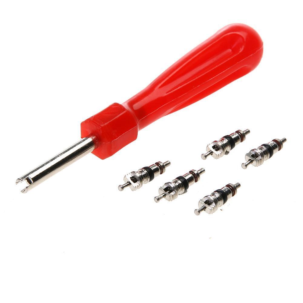 Valve Core Removal Tool Screw Driver Tire Repair Wrench with 5 Valve Cores