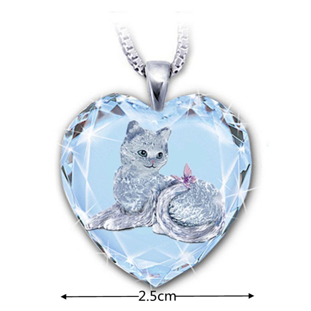 Party White Crystal Cat Pattern Pendant Heart Shaped Jewelry Women's Necklace