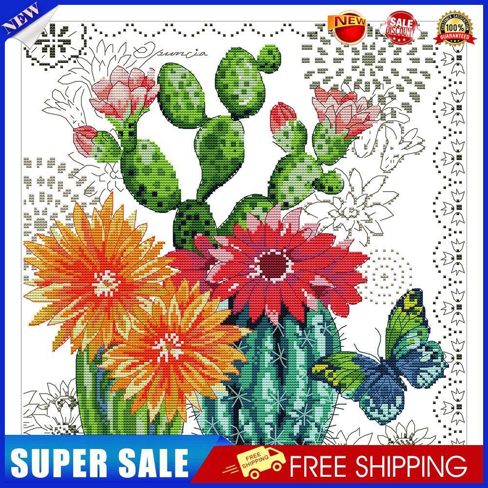 Partial Cross Stitch DIY 14CT Printed Prickly Pear Flower Wall Artwork Kits
