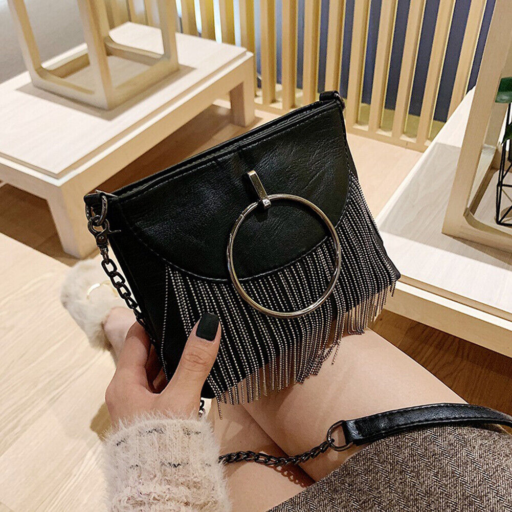 Fashion Women Tassel Small Square Bags Big Ring Leather Shoulder Handbags