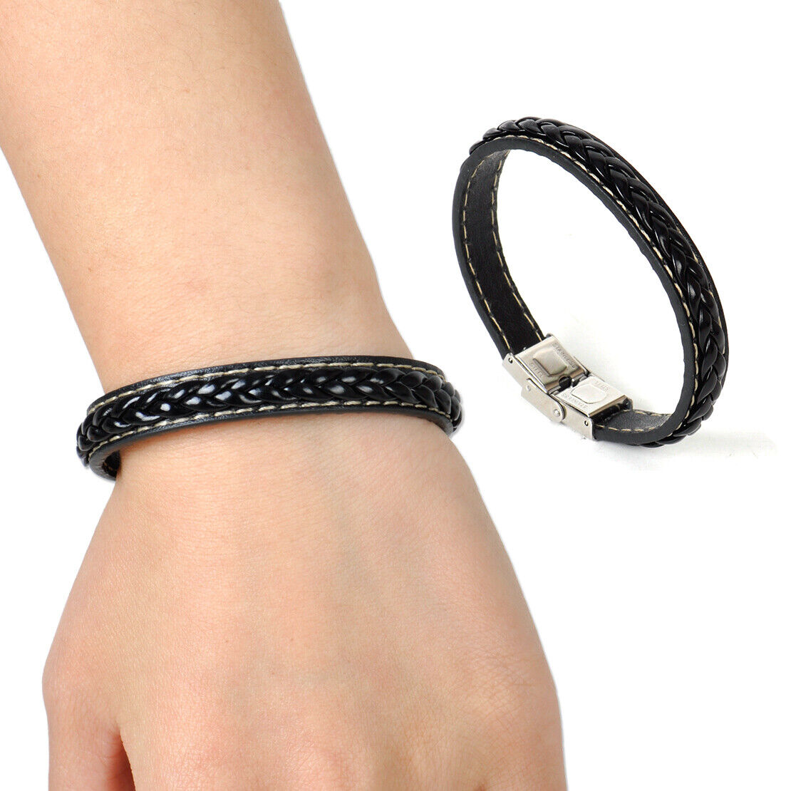 Men's Black Leather Wristband Braided Bracelet Stainless Steel Clasp Bangle Li