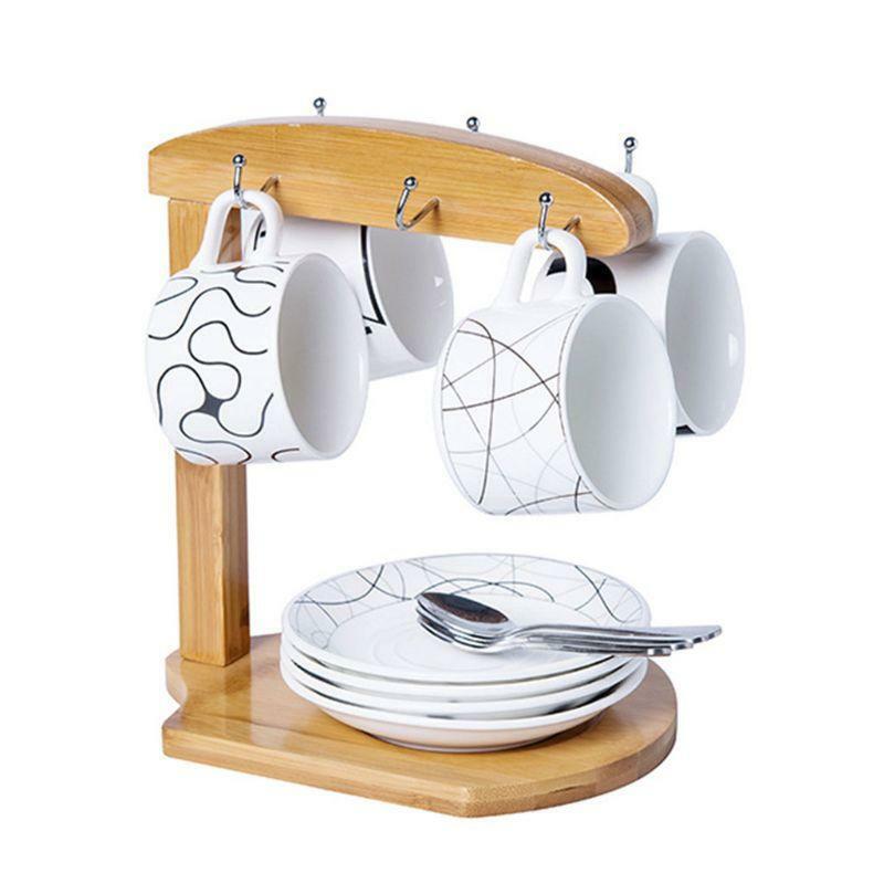 Bamboo Coffee Cup Holder Mug Rack Holds 6 Mugs for Coffee Mugs Saucer Display