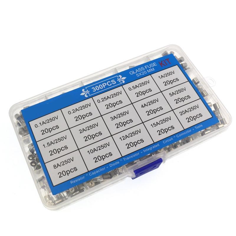 15 Value 300Pcs 0.1A-20A 250V Quick Fuse Assortment 5x20 0.1A-20A Household Fuse