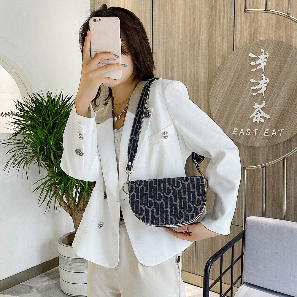 Canvas Printed Crossbody Bag Women Semicircle Saddle Chest Pouch (Black)