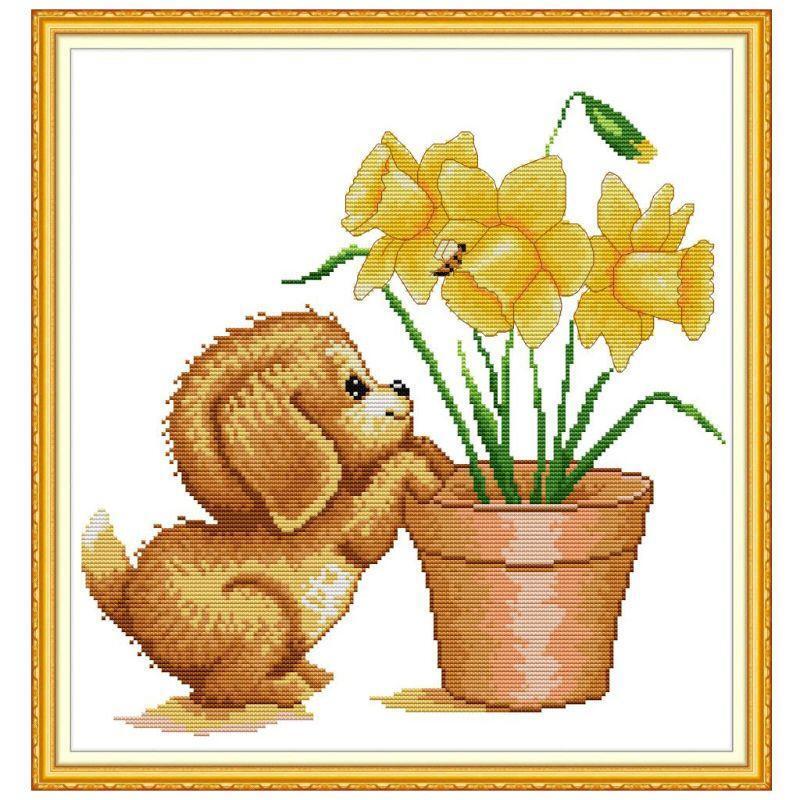 Dog Flower DIY Handmade Needlework Counted 14CT Printed Cross Stitch Embroidery