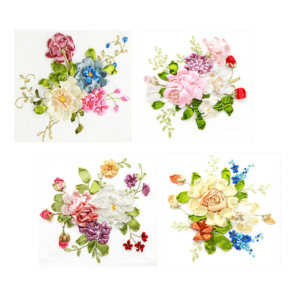 Set of 4 Ribbon Embroidery Kits DIY Flowers    Work